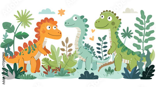 Fototapeta Naklejka Na Ścianę i Meble -  Cartoon funny dinosaurs in the jungle flat vector isolated