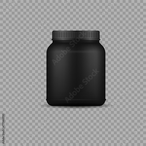 Whey protein and mass gain black plastic jar, bottle. Glossy plastic packaging mockup 3d design. Fitness nutrition canister design template for gym and workout. Vector illustration