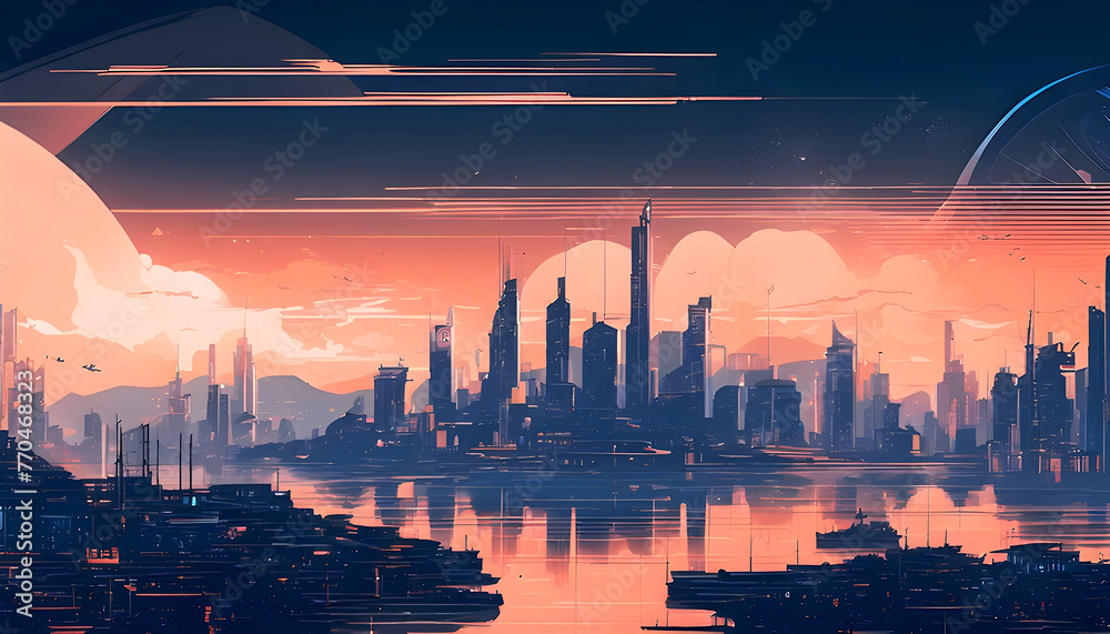 Futuristic Prot city Panorama View from long shot perspective, Lo-fi Anime Style artwork in Dark Blue and Peach Color tone