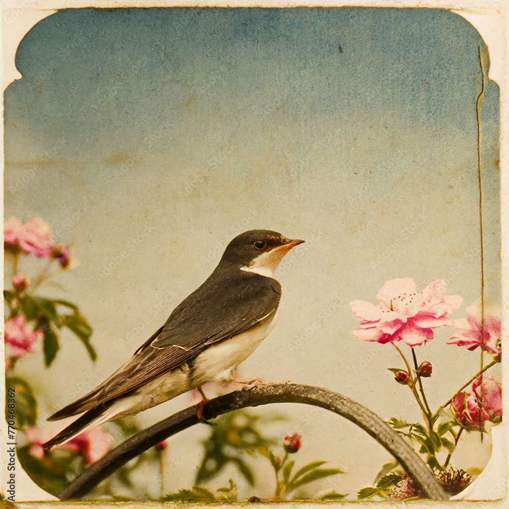 Vintage swallow birds postcard - obrazy, fototapety, plakaty 