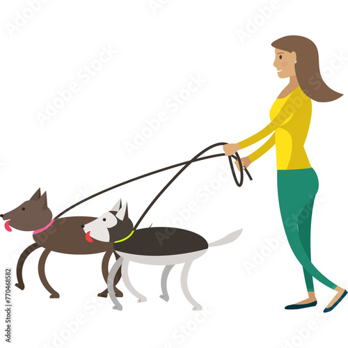 Woman walking dog vector icon isolated on white