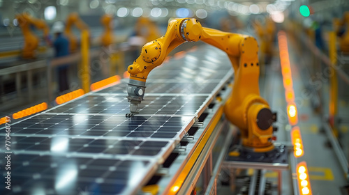 Robotic arm in action on the production line, efficiently assembling solar panels in a modern industrial setting.