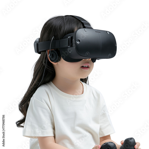 Little boy experiences virtual reality game on his head using it for the first time, with an expression of enthusiasm and curiosity. concept of digital development and virtual technology
