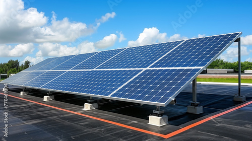 Solar rooftop on commercial center. Photovoltaic panels for producing of clean ecological electrical energy in city urban area. Concept of autonomous building. photo