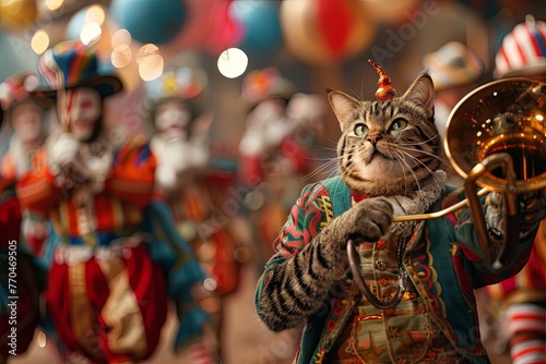 With a melodious meow, the cat clown leads a parade of circus performers, marching proudly with a comically large horn and a grin that lights up the entire big top