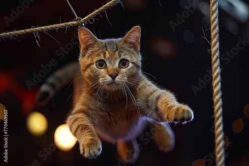 Spectacular cats Flying Trapeze daring cats aerial act where acrobats soar through the air, catching each other with precision and grace under the big top