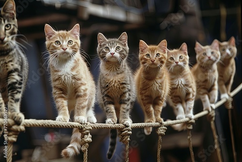Feline Tightrope Troupe a group of agile cats balancing precariously on a high wire, whiskers twitching with concentration as they navigate the dizzying heights of the circus arena