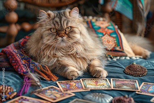 A Cat Feline Fortune Teller A regal Persian cat sits on a plush velvet cushion adorned with tarot cards and wearing a fortune teller turban.