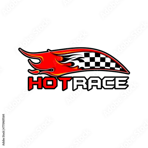 hot racing logo concept, sports flag with fire on a white background