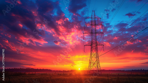 Silhouette of High voltage electric tower on sunset time background.