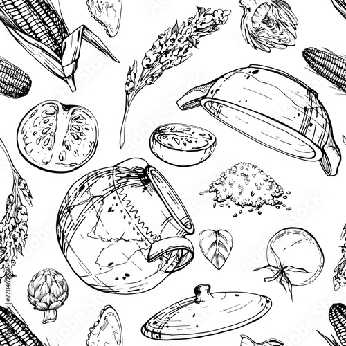 Hand drawn ink vector illustration cooking pot ceramics vegetable stew maize corn quinoa, south american cuisine Seamless pattern isolated on white background. Design travel, vacation, brochure, print