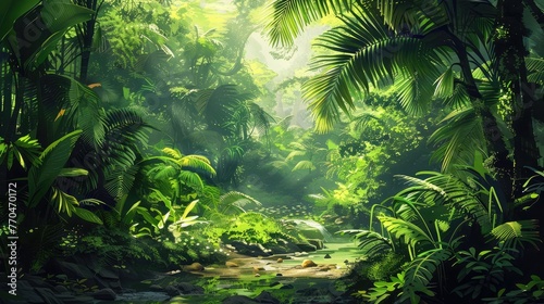 Lush jungle landscape in watercolor style. © Khalif