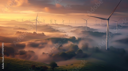 Wind turbines on a hill in autumn