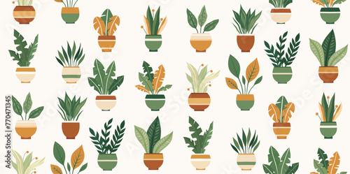 Vector pattern with geometric flat hand drawn house plants in various pots. Texture with greenery in vases. Surface design with flowerpots for wrapping paper, wallpaper. photo