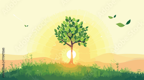 Small tree growing with sunrise. green world and earth