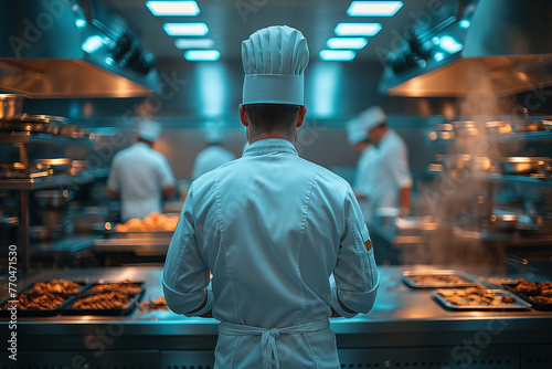 Professional chef standing with his back to the camera in a commercial kitchen