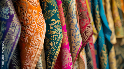 A series of traditional Indian saris with various colorful patterns and symbolically rich embroidery