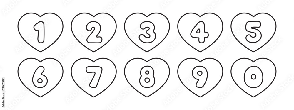 Vector illustration of heart-shaped numbers outlined in black for a coloring page for kids, from zero to nine. - obrazy, fototapety, plakaty 