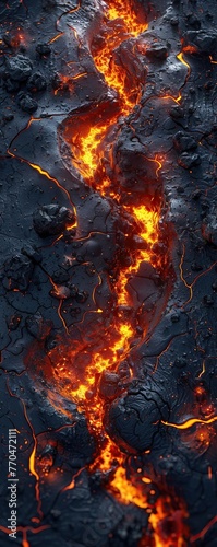 Magma chamber, obsidian rocks, volcanic ash, volcano bomb, glowing lava streams, 3D render