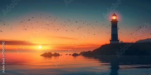 Lighthouse Guiding Vessels Through Tranquil Sunset Seascape with Serene Coastal Atmosphere