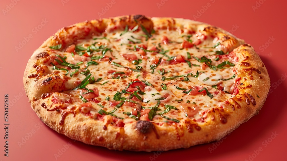  Margherita Pizza, Thin Crust, Cheesy, Tomato, Brick Oven Red background 
