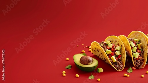 Tacos, Mexican, Savory, Beef, Avocado, Fiesta Red background  © Nica