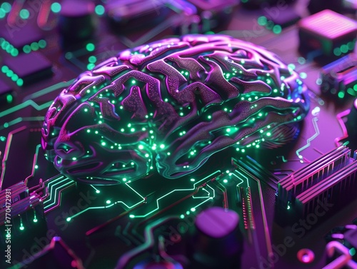 3D illustration of an AI brain chipset, glowing in neon green and violet, showcasing nanocircuitry in a clean, futuristic design photo