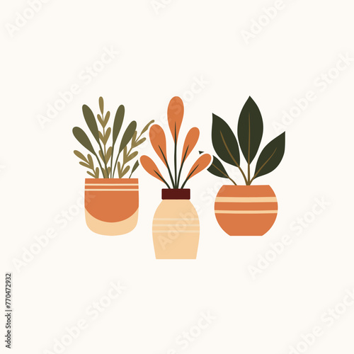 Vector cozy illustration of geometric home plants in clay pots in flat style. Composition of flowerpots in gentle beige colors. Greenery in vases. Home hobby and flower shop.