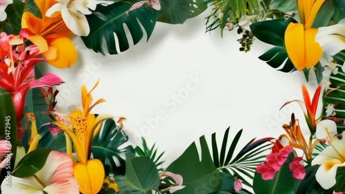 frame of tropical leaves and flowers