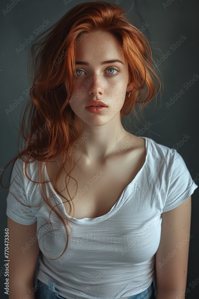 Naklejka premium Modeling photography of a woman with a red hair, blue eyes, white t-shirt, full body, simple shot, photorealistic, on a dark background, 3
