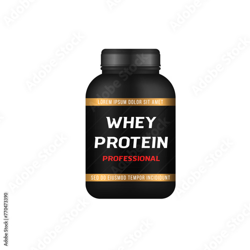 Fitness nutrition, vitamins, l-carnitine, casein capsules and hydro whey. Sports food bottles and low sugar protein bars. Bodybuilding symbols. Large set of templates sports food containers. Vector.