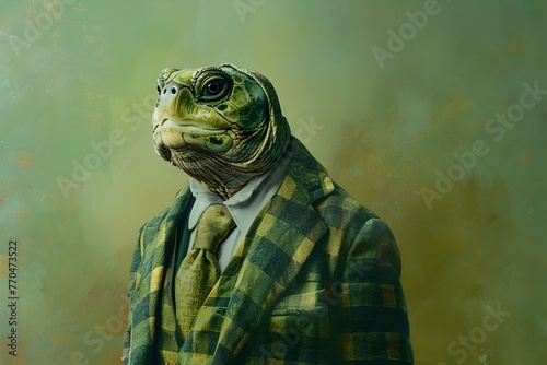 Serene Turtle in Formal Moss Green and Gold Gingham Attire Standing Upright and Posing for a Candid Natural Light Portrait