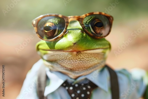 Smiling Green Frog Wearing Business Attire with Sunglasses and Tie Humorous Meme Inspired Character Portrait
