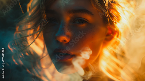 A woman with blonde hair and a puffy face with smoking . The smoke is billowing out of her mouth and filling the air around her. Concept of rebellion and defiance