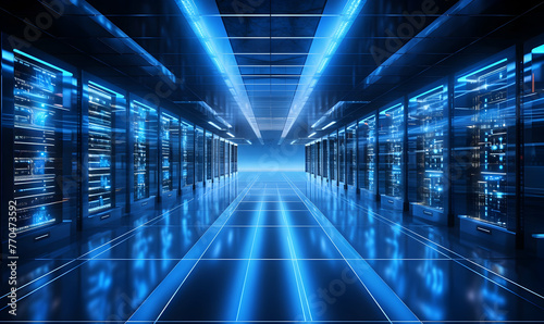 Futuristic server room with glowing lights on blue background 3D rendering © Ilham