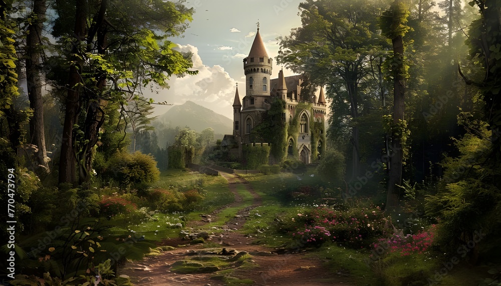 Fairy tale castle in an enchanted forest - obrazy, fototapety, plakaty 
