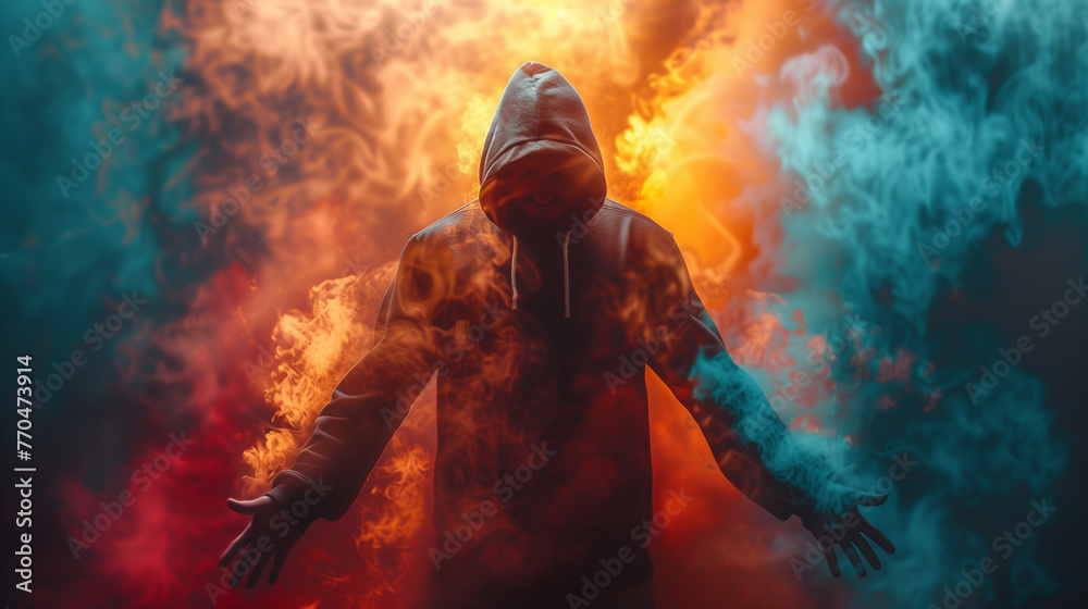 A man in a hoodie is surrounded by smoke and fire, creating a sense of danger and chaos