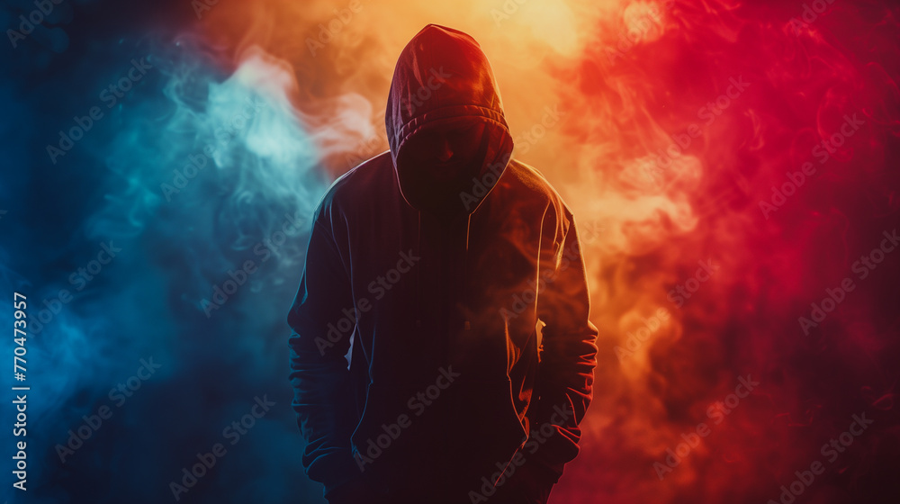 A man in a hoodie stands in front of a colorful background with smoke. The image has a mysterious and edgy mood, with the hoodie and smoke adding to the sense of anonymity and darkness