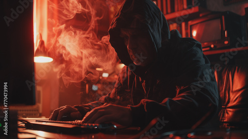 A man is sitting in front of a computer with a hood over his head. The computer screen is lit up and the man is typing. The image has a dark and mysterious mood, with the hooded man