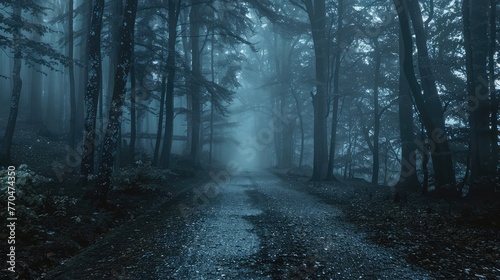 Dark empty scene, night landscape, gloomy forest, nature scene with forest and moonlight, night view of the forest, fog, smog, smoke, street asphalt floor, mystical magic theme © Khalif