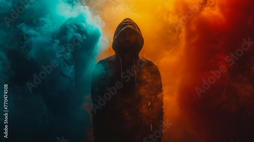 A man is standing in a cloud of smoke, with a hood pulled over his head. The smoke is blue, red, and yellow, creating a surreal and mysterious atmosphere photo