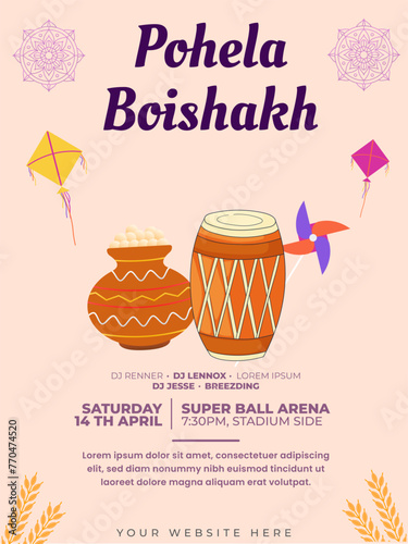 Bengali New Year Pohela Boishakh flyer and poster design. vector illustration. April 14 Happy Vaisakhi. photo