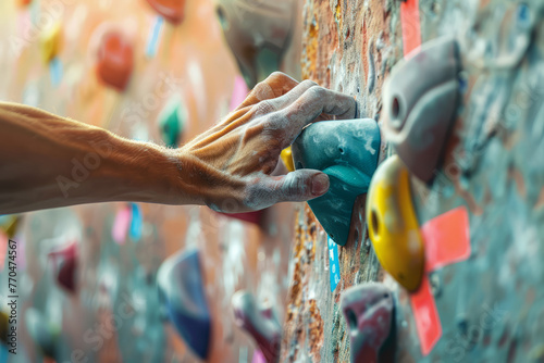 Close up of a mans hand gripping onto a climbing wall hold photo