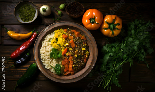 Couscous with pumpkin and chickpeas on wooden background