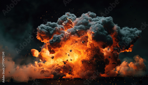 Explosion with smoke and sparks on isolated dark background. A huge fireball exploded from the ground. Surrounded by dense clouds of ash and dust. by AI generated image