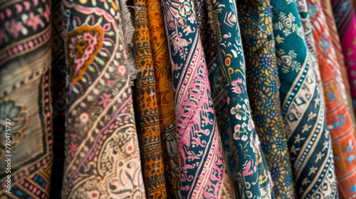Various traditional fabric patterns with intricate designs and vibrant colors on hanging textiles