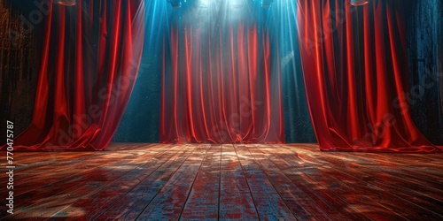 Empty stage with red curtains and spotlight, concept for theater, performance or presentation.
