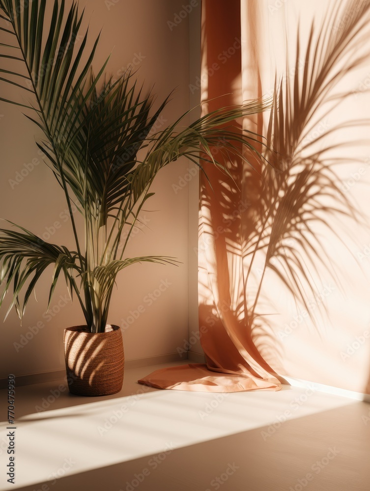 Palm tree has bright green leaves, casting shadow on peach-colored wall. Curtain on right also casting shadow on wall. Floor light pine wooden floor. Room bathed in warm sunlight. Palm tree has bright green leaves, casting shadow on peach-colored wall. Curtain on right also casting shadow on wall. Floor light pine wooden floor. Room bathed in warm sunlight.