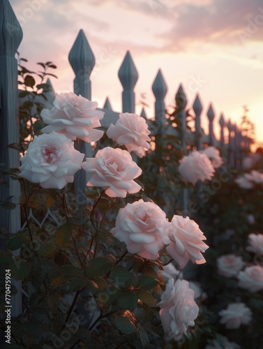 Close-up of cluster of pink roses in full bloom against white picket fence at sunset. Roses surrounded by lush green foliage. Setting bathed in warm sunlight. photo