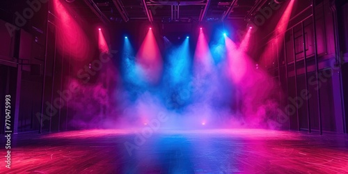 Empty concert stage with vibrant pink and blue stage lights and smoke  creating a moody atmosphere for performances.